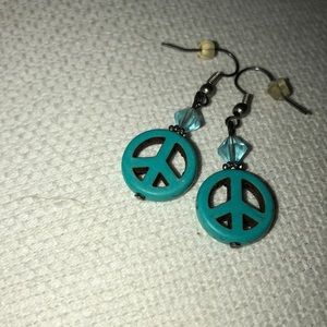 Wooden peace sign teal earrings
